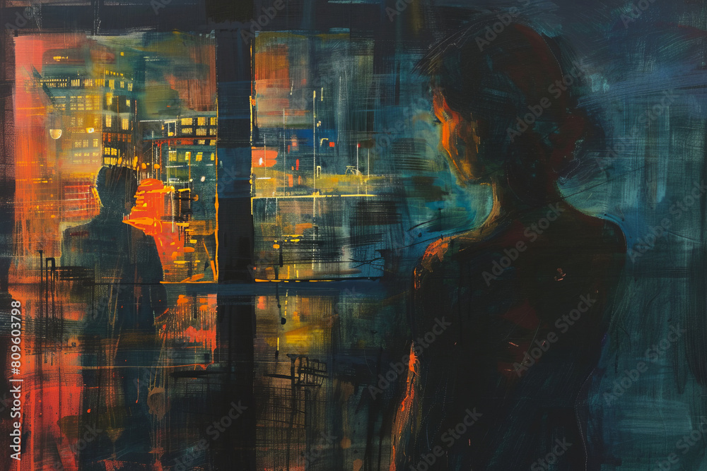 Fototapeta premium Abstract expressionist painting featuring silhouette in urban setting