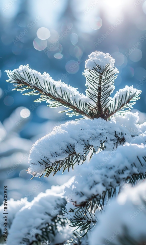 Close up of snow-covered pine tree