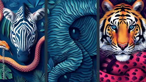 Animals and wildlife conservation flyers set with realistic skin textures of zebra  snake  and tiger. Modern illustration.