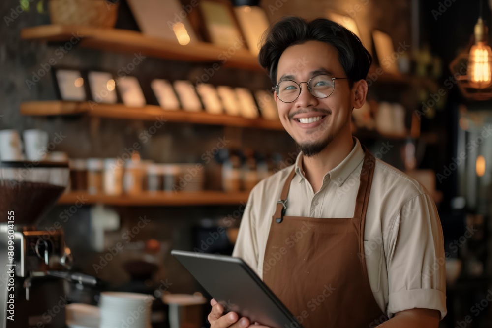 Fototapeta premium A man with glasses and a brown apron is smiling and holding a tablet. He is standing in a coffee shop,Digital Brewing: The Joyful Barista's Cafe Connection