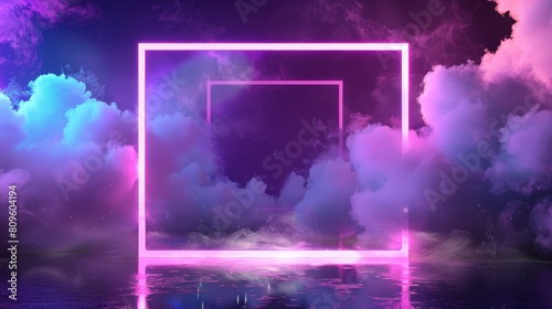 A neon rectangle frame with smoke on water surface. A glowing rectangle with more magical light in soft clouds. A purple portal with bright sparkles and flares. A realistic abstract 3D modern