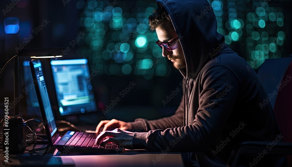 A man intensely focused while sitting at a desk and using a laptop computer for coding A man intensely focused while sitting at a desk and using a laptop computer for coding