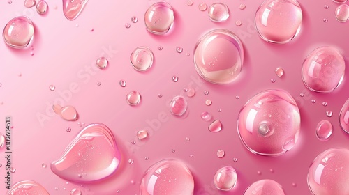 Horizontal banner template with transparent rain drops, water condensation or dew and copy space, modern realistic illustration with pink background.