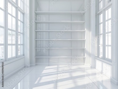 Minimalistic white room with empty shelves and large windows casting light shadows.