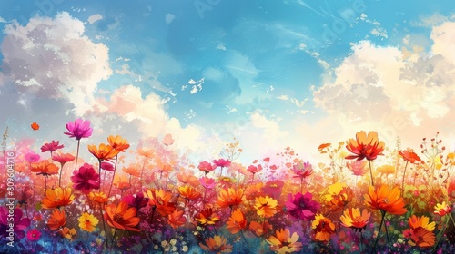 Watercolor style wallpaper a rainbow of flowers adorns the landscape, painting the scene with splashes of vibrant color.