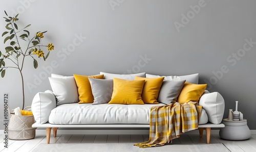 White sofa with grey pillows and yellow plaid against grey mock up wall with copy space. Scandinavian hygge interior design of modern living room, home.