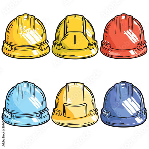 Six colorful construction hard hats arranged two rows. Top row features yellow, gold, red safety bottom row has blue, light yellow, navy. Safety gear construction, engineering