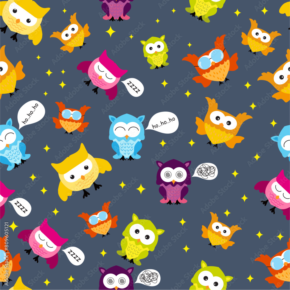 Fototapeta premium Seamless and Tileable Vector Owl Background Pattern with stars vector