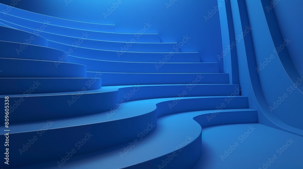 Abstract blue background with curved stairs and a podium for product ...