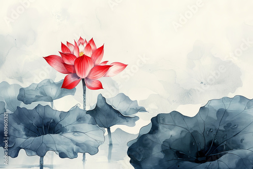 Fototapeta Naklejka Na Ścianę i Meble -  Elegant red lotus flower amidst tranquil blue leaves