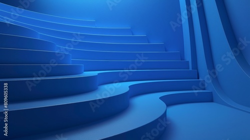 Abstract blue background with curved stairs and a podium for product presentation in a closeup. Minimalistic wallpaper in the style of 3d rendering. photo