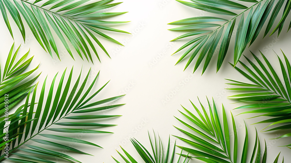 Fototapeta premium Tropical plant frame top view background for travel guide illustration design
