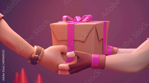 The hand of the courier handing a carton box to a client in 3d. Concept of shipping, delivery, hands handling a parcel wrapped in tape with a love message and gift box. Christmas gift illustration.