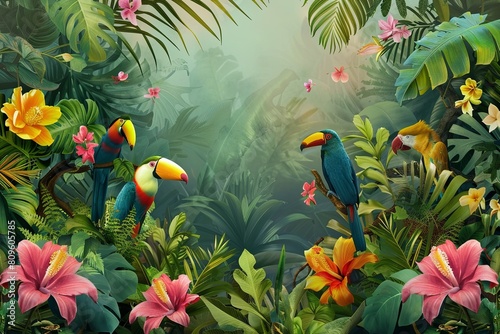 Tropical Paradise Banner Featuring Exotic Flowers and Birds