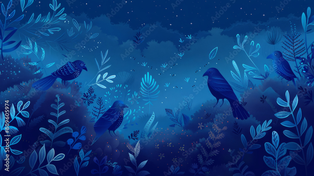 Fototapeta premium Enchanted night landscape with stylized birds and foliage