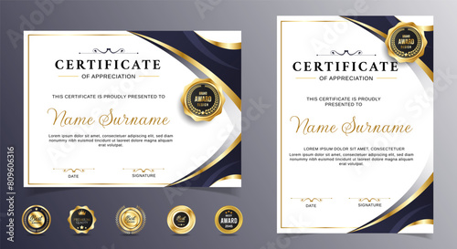 Certificate of appreciation template, gold and black color. Clean modern certificate with gold badge. Certificate border template with luxury and modern line pattern. Diploma vector template