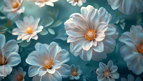 3d illustration of white dahlia flowers on turquoise background