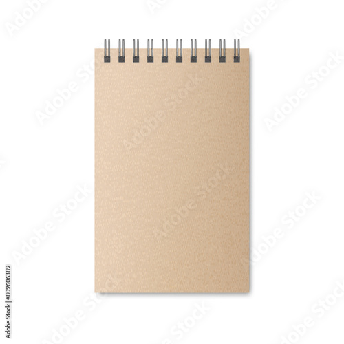 Realistic blank kraft paper texture notebook а6 with spiral, template stationery notebook office.