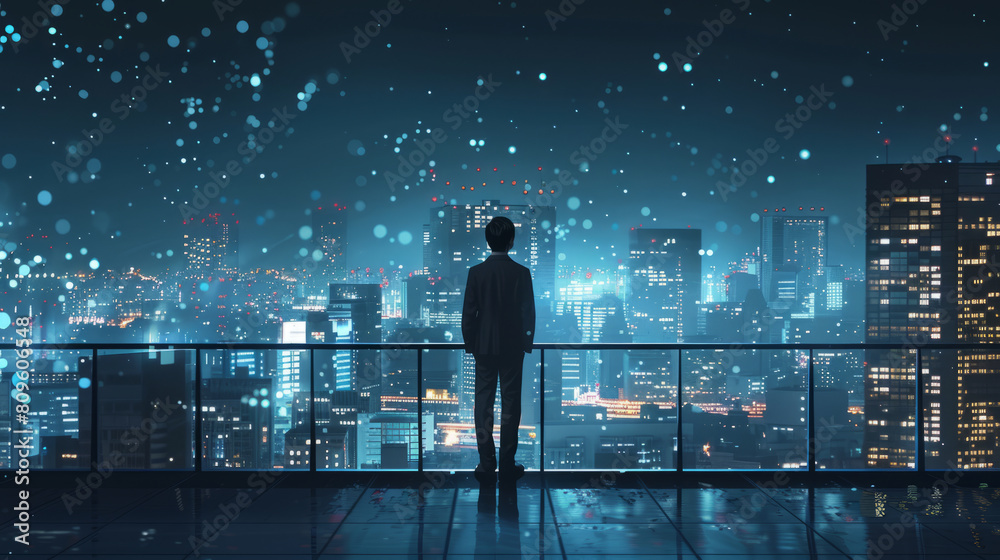 Businessman overlooking cityscape from rooftop at night Businessman overlooking cityscape from rooftop at night