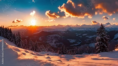 A breathtaking sunset over a majestic mountain landscape
