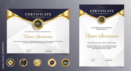 Black and gold certificate of appreciation border template with luxury badge and modern line and shapes. For award, business, and education needs. Diploma vector template
