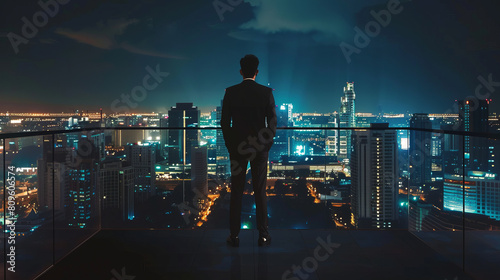 Fototapeta Naklejka Na Ścianę i Meble -  Businessman on rooftop balcony overlooking city skyline at night