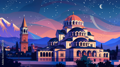 illustration, Alexander Nevski cathedral, Sofia. Must-see touristic spot in Sofia, the capital city of bulgaria, europe. Catholic-orthodox church. Tourist hot-spot. Night view. photo
