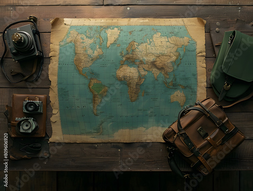 Map, camera and bag on wooden table. Top view. Travel concept, adventures around the world