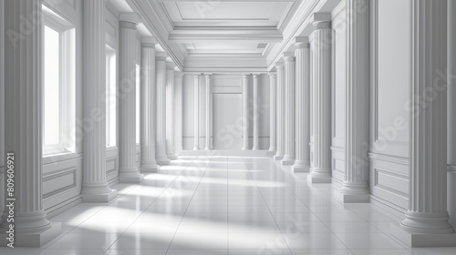 This is a modern realistic illustration of an empty modern hall interior, which could be in a gallery, office or house. The corridor is lined with white walls, columns and niches in perspective © Mark