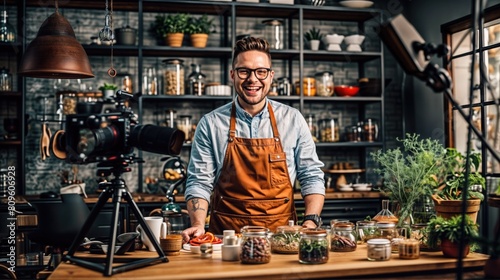 Fototapeta Naklejka Na Ścianę i Meble -  Culinary Content Creator: A cheerful chef or food blogger, wearing an apron, smiles engagingly at the camera while preparing ingredients in his rustic kitchen setting for his online cooking show.
