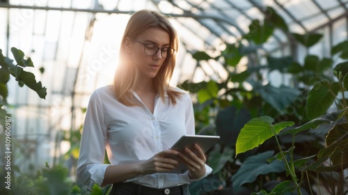 Woman with Tablet in Greenhouse