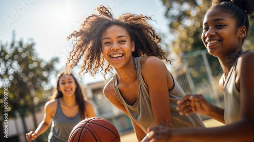 Teenage girl with friends playing basketball at park