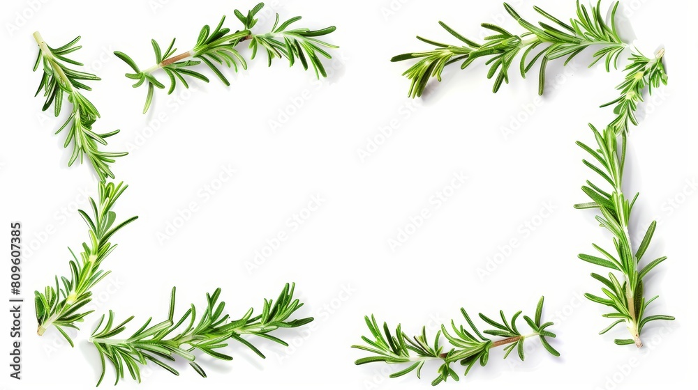 A realistic 3D modern illustration of rosemary picture frames, white rectangular border templates with green stems and leaves, blank frames, isolated on transparent background. A realistic 3D modern illustration of rosemary picture frames, white rectangular border templates with green stems and leaves, blank frames, isolated on transparent background.