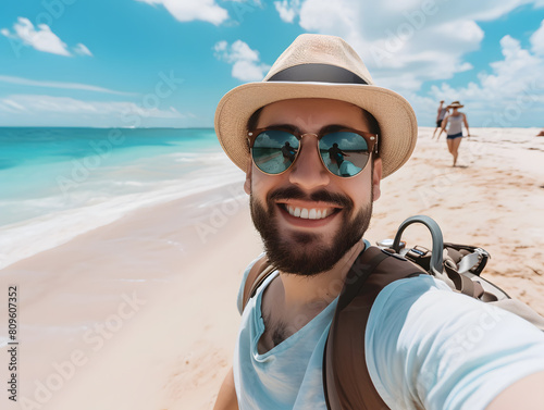 Young man with backpack smiling at camera on the beach and enjoying the freedom of taking a selfie on a sunny day. Wellbeing, healthy lifestyle and happy people concept