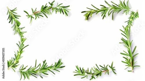 A realistic 3D modern illustration of rosemary picture frames  white rectangular border templates with green stems and leaves  blank frames  isolated on transparent background.