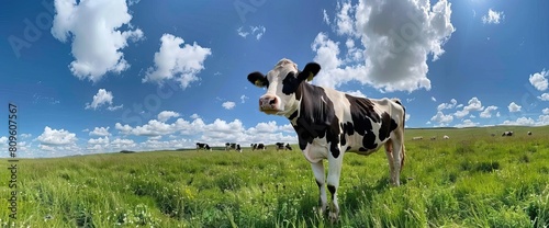 many spotted holstein cows in meadow near farm in the netherlands under blue sky. AI generated illustration photo