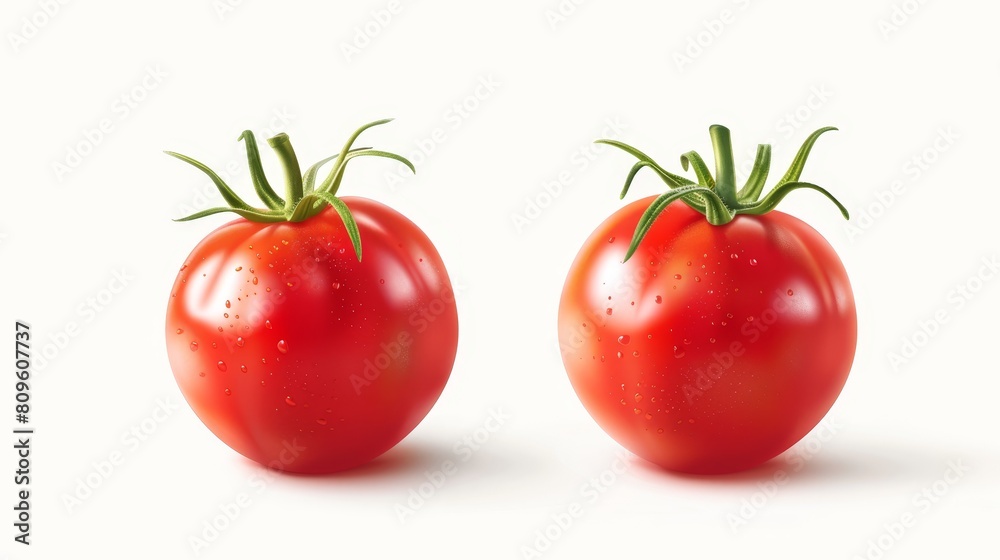 Realistic modern illustration of two ripe red tomatoes isolated on white. Ripe pomodoro, organic raw vegetables. Realistic modern illustration of two ripe red tomatoes isolated on white. Ripe pomodoro, organic raw vegetables.
