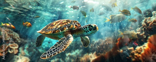 Happy cute sea turtle swimming freely in the blue ocean. Scuba diving with the underwater sea turtle. RIch blue sea water background. AI generated illustration photo
