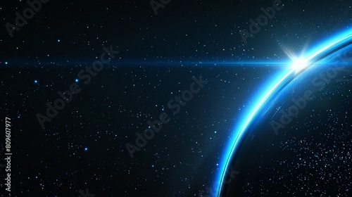 An illustration of a planet with blue light on its horizon coming from a rising sun against the backdrop of a black cosmos with stars. Banner with outer space and our world on an edge  with a glow of
