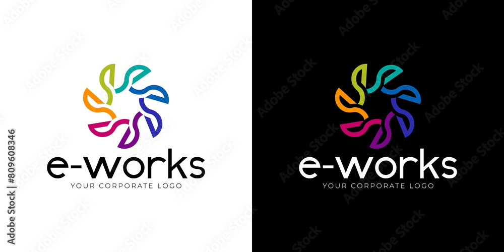 Obraz premium Connection Letter E simple logo design concept. Creative community social e worker vector logo