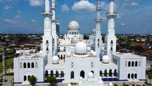 Aerial view of Masjid Raya Syeikh Zayed in Solo, Central Java, Indonesia. This mosque is a miniature mosque of Syeikh Zayed Grand Mosque in Abu Dhabi