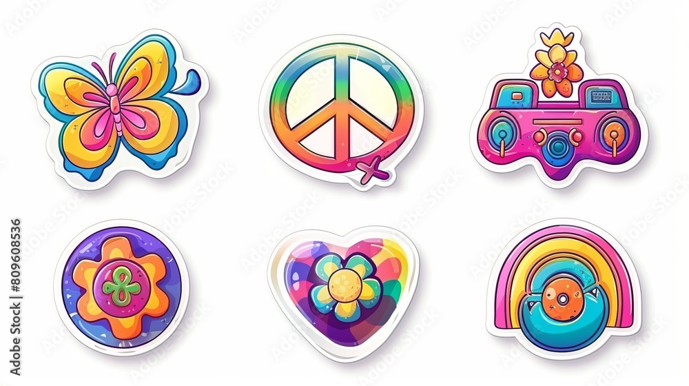 Vintage groovy stickers isolated on white background. Modern illustration of colorful funky badges in the form of butterflies, peace signs, heart balloons, flowers, vinyl players, hippies, etc.
