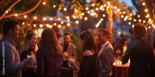 Twilight soiree ambiance with people enjoying drinks under fairy lights