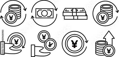 Yen earnings return icons set.