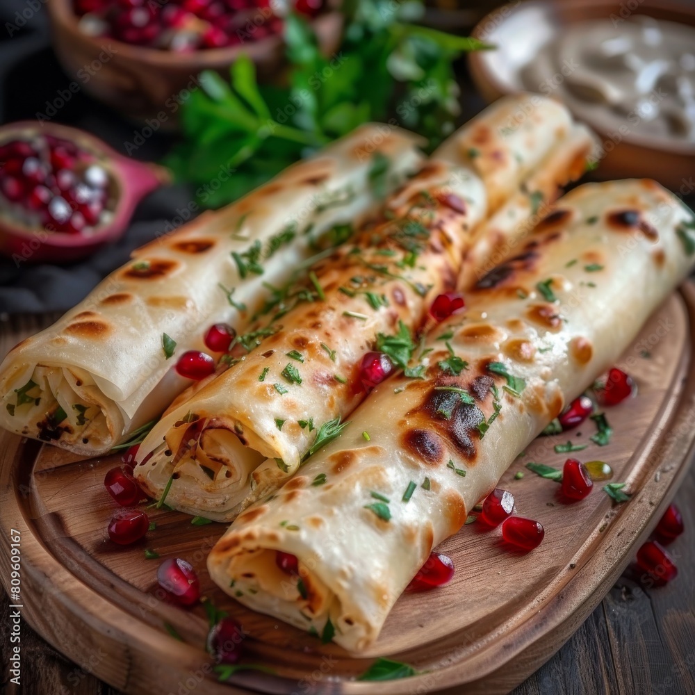 Thinly Rolled Dough, Qutab, Kutab or Gozleme with Cheese and Greens, Traditional Turkish Dish Thinly Rolled Dough, Qutab, Kutab or Gozleme with Cheese and Greens, Traditional Turkish Dish