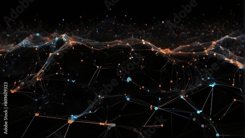 An abstract graphic with a black background that shows linked data points that stand for big data and digital transformation. High-tech network systems powered by advanced artificial intelligence