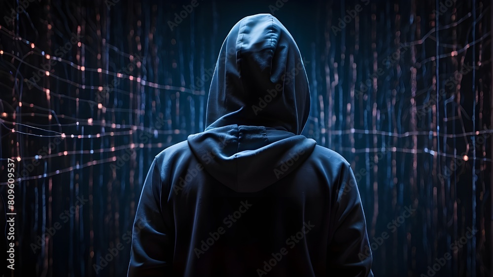 Back view of a hacker wearing a hoodie in dim lighting. A brilliant background of abstract data lines illustrates the vital significance of cybersecurity and the fight against cyberattacks.