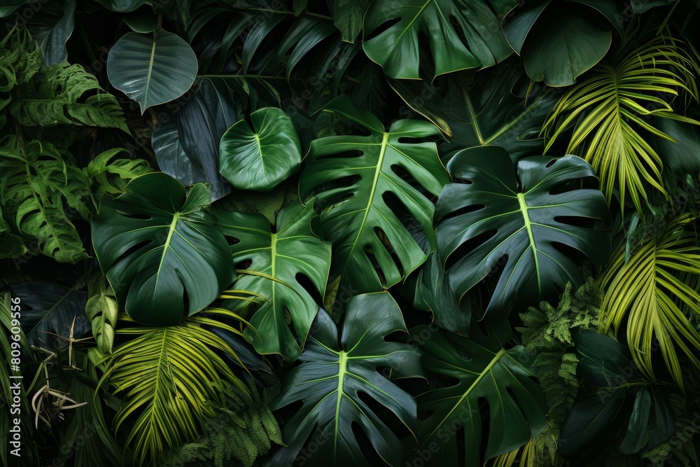 Obraz premium Lush Greenery. An Array Of Tropical Monstera And Palm Leaves In Deep Forest Hues. Generative AI