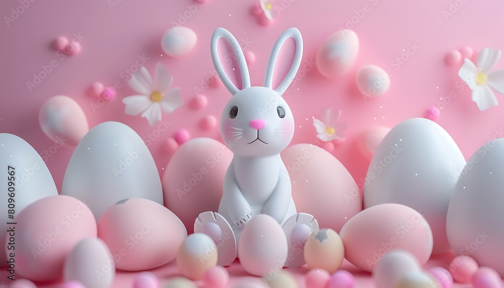 Easter eggs and cute bunny on pink background. 3d rendering Easter eggs and cute bunny on pink background. 3d rendering