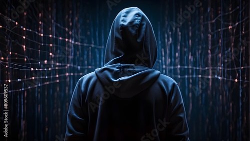 Back view of a hacker wearing a hoodie in dim lighting. A brilliant background of abstract data lines illustrates the vital significance of cybersecurity and the fight against cyberattacks.